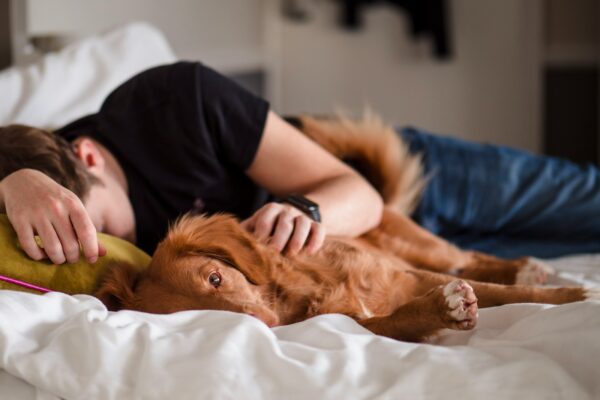 person in black shirt lying on bed