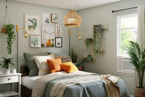 white bed with gray and white bed linen